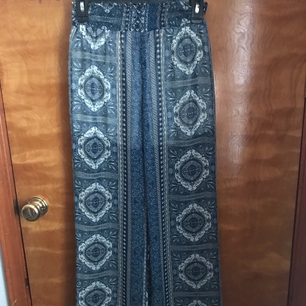 Blue & White Straight Leg Pattern Pants